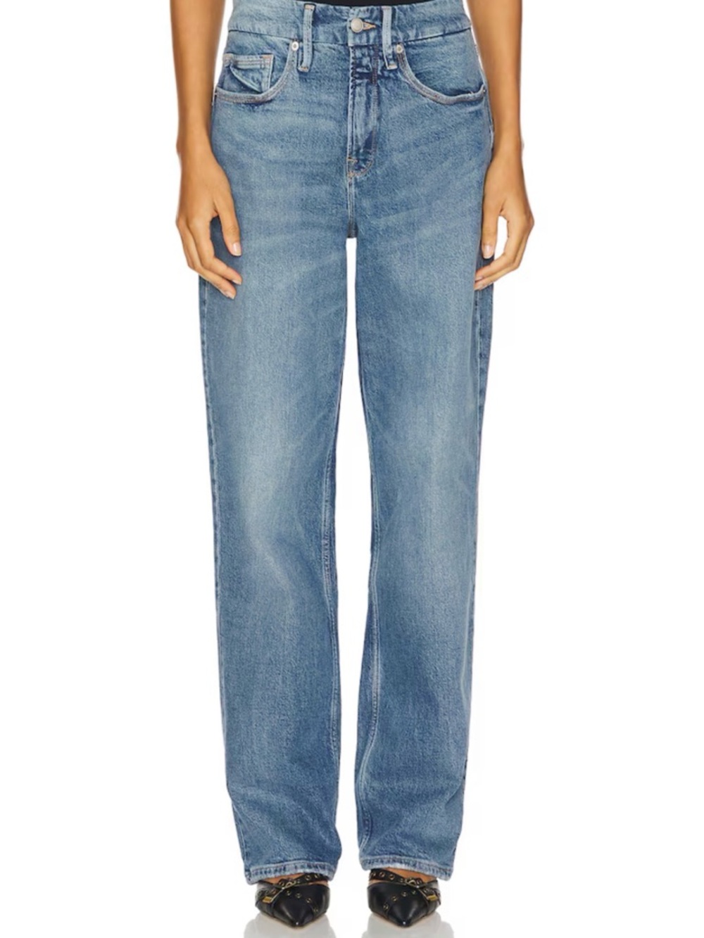 Good American Mid Rise Baggy Jeans in Medium Blue